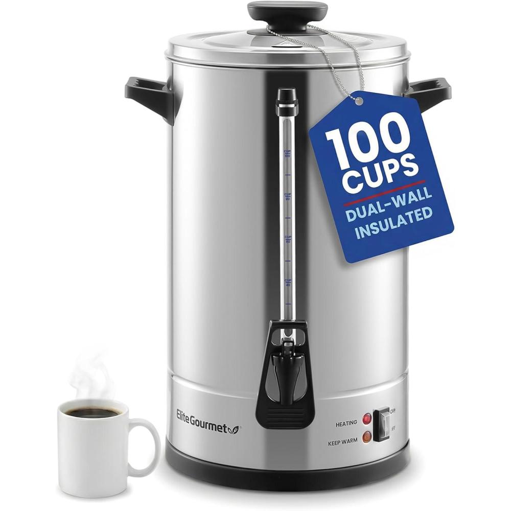 image:imageElite Gourmet CCM035 MaxiMatic 30 Cup Stainless Steel Coffee Urn Removable Filter For Easy Cleanup Two Way Dispenser with CoolTouch Handles Electric Coffee Maker Urn Stainless Steel100 Cups
