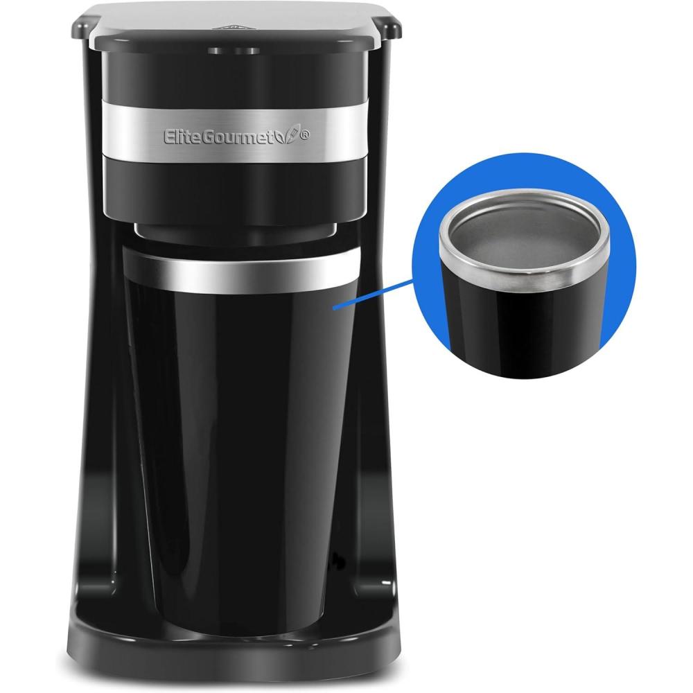 image:imageElite Gourmet EHC112 Personal SingleServe Compact Coffee Maker Brewer Includes 14Oz Thermal Travel Mug with Stainless Steel Interior Compatible with Coffee Grounds Reusable Filter BlackBlack