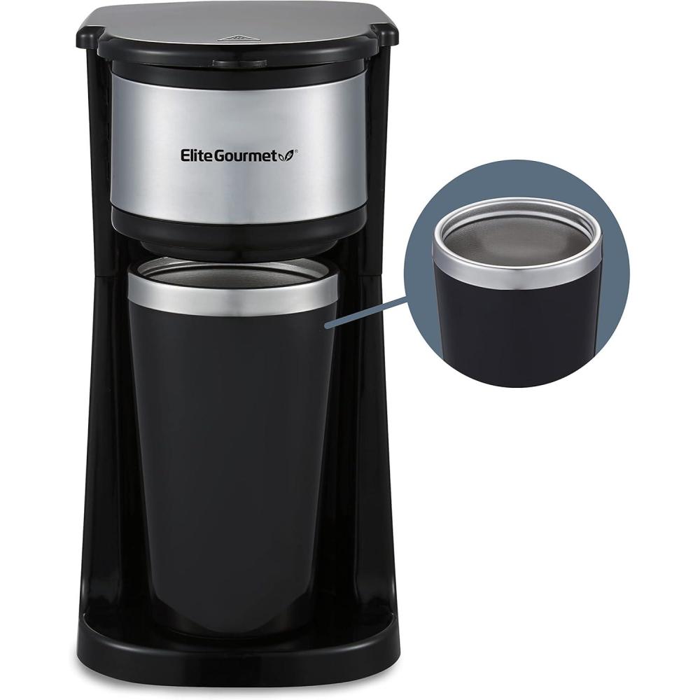 image:imageElite Gourmet EHC112B Personal SingleServe Compact Coffee Maker Brewer Includes 14Oz Thermal Travel Mug with Stainless Steel Interior Compatible with Coffee Grounds Reusable Filter BlackStainless Steel