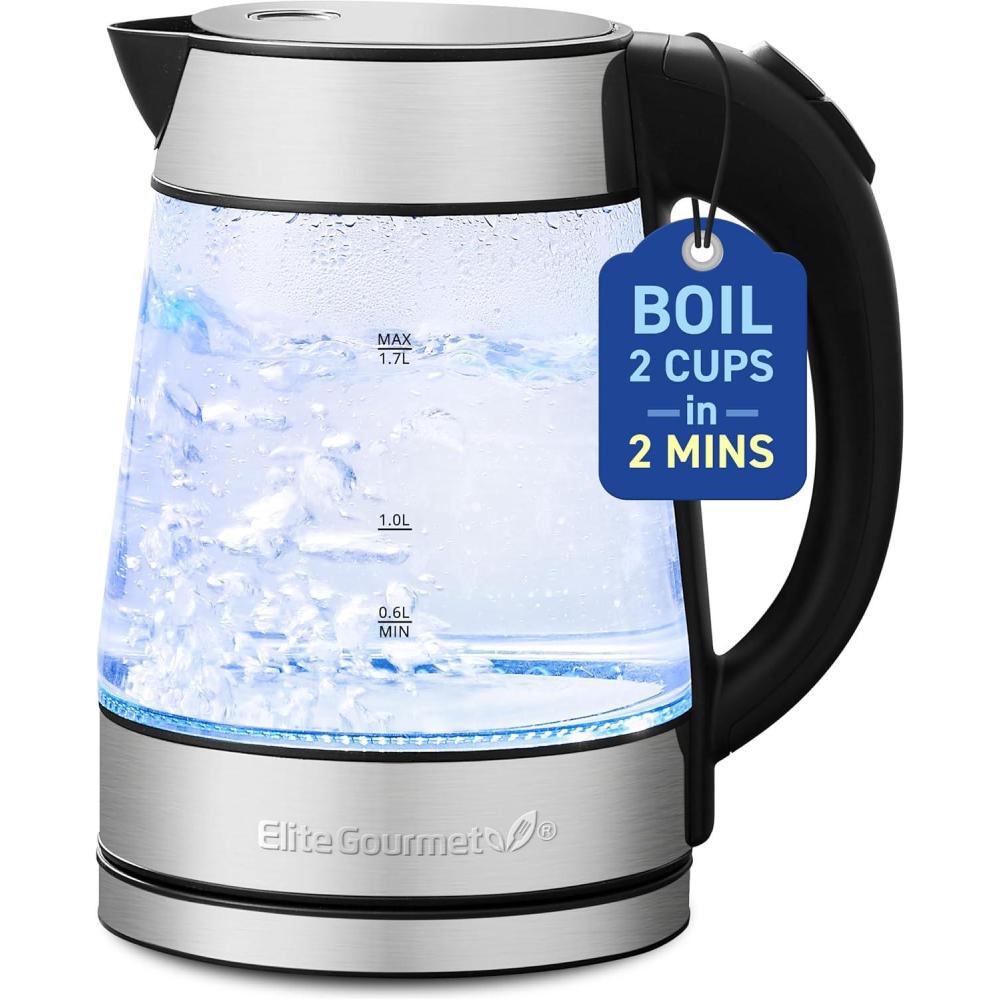 image:imageElite Gourmet EKT1271 Ultimate 17 Liter Electric Kettle Stainless Steel Design amp Cordless 360 Base Stylish Blue LED Interior Handy Auto ShutOff Function Quickly Boil Water For Tea amp MoreStainless SteelGlass
