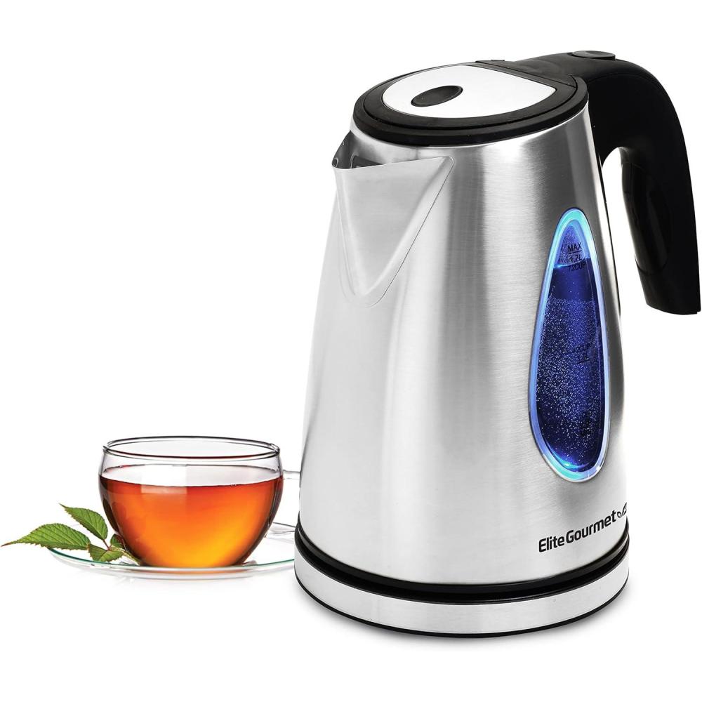 image:imageElite Gourmet EKT1271 Ultimate 17 Liter Electric Kettle Stainless Steel Design amp Cordless 360 Base Stylish Blue LED Interior Handy Auto ShutOff Function Quickly Boil Water For Tea amp MoreStainless Steel