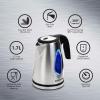 Elite Gourmet EKT-1271 Ultimate 1.7 Liter Electric Kettle – Stainless Steel Design & Cordless 360° Base, Stylish Blue LED Interior, Handy Auto Shut-Off Function – Quickly Boil Water For Tea & More(Stainless Steel)