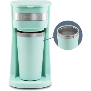 Elite Gourmet EHC112 Personal Single-Serve Compact Coffee Maker Brewer Includes 14Oz. Thermal Travel Mug with Stainless Steel Interior, Compatible with Coffee Grounds, Reusable Filter, Black(Mint)