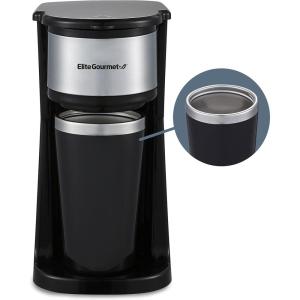 Elite Gourmet EHC112 Personal Single-Serve Compact Coffee Maker Brewer Includes 14Oz. Thermal Travel Mug with Stainless Steel Interior, Compatible with Coffee Grounds, Reusable Filter, Black(Stainless Steel)