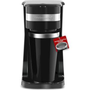 Elite Gourmet EHC-112B Personal Single-Serve Compact Coffee Maker Brewer Includes 14Oz. Thermal Travel Mug with Stainless Steel Interior, Compatible with Coffee Grounds, Reusable Filter, Black(Black)