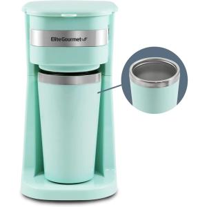 Elite Gourmet EHC114 Personal Single-Serve Compact Coffee Maker Brewer Includes 14Oz. Thermal Travel Mug with Stainless Steel Interior, Compatible with Coffee Grounds, Reusable Filter, Black(Mint)