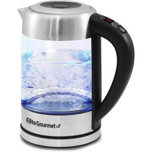 Elite Gourmet EKT-1271 Ultimate 1.7 Liter Electric Kettle – Stainless Steel Design & Cordless 360° Base, Stylish Blue LED Interior, Handy Auto Shut-Off Function – Quickly Boil Water For Tea & More(Glass)