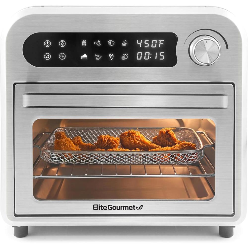 image:imageElite Gourmet EAF1010D Programmable 10L Air Fryer Convection Countertop Oven 8 Menu Settings Temperature Timer Controls Bake Toast Broil Air Fry 1500W with Recipes Steel Exterior