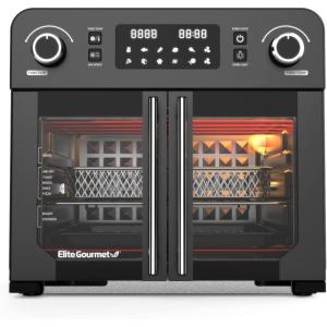 Elite Gourmet EAF9010B All Steel Exterior, 24.5Qt. French Door Air Fryer Convection Countertop Oven, 12″ Pizza Extra Large Capacity, Temperature + Timer Controls, Bake, Toast, Broil, Air Fry, Black