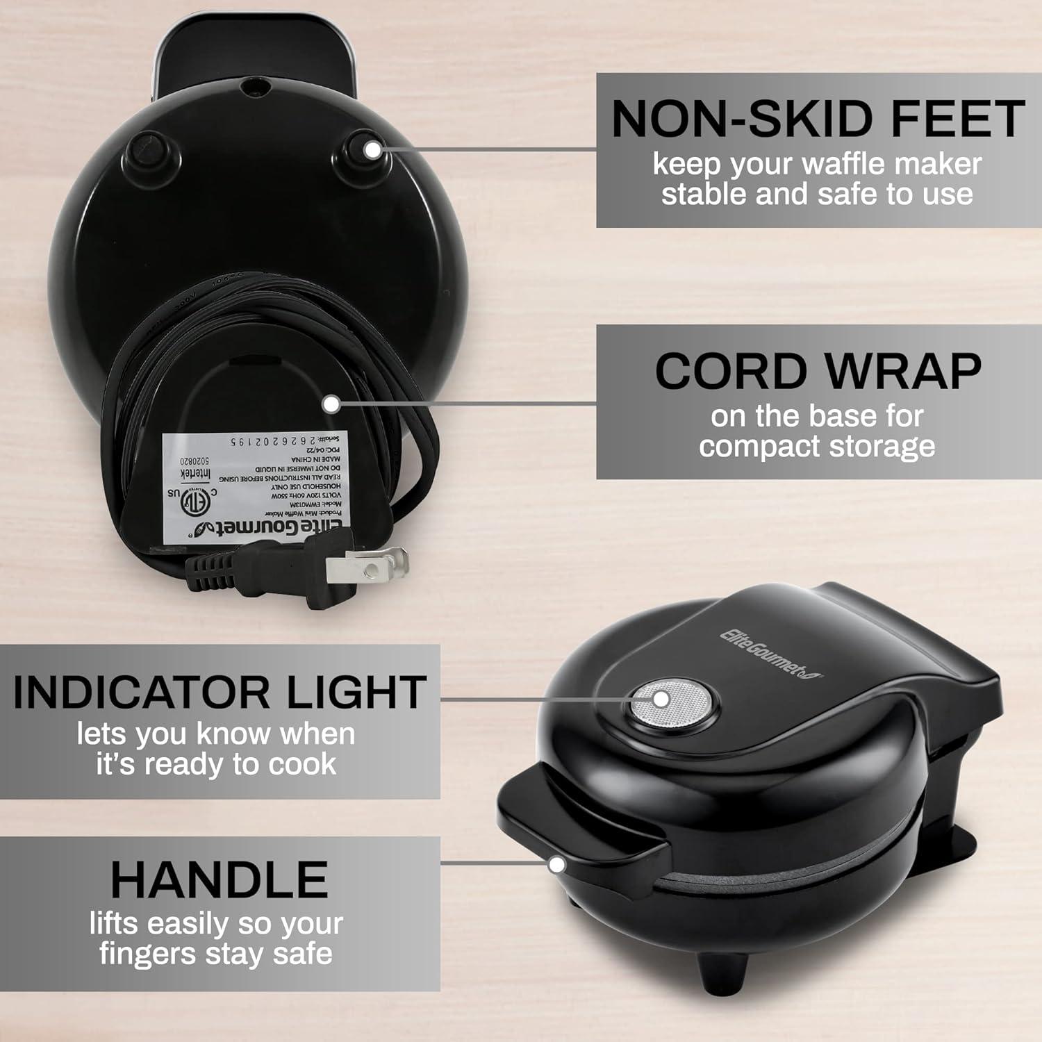 image:imageElite Gourmet EWM013B Electric Nonstick Mini Waffle Maker with 5inch cooking surface Belgian Waffles Compact Design Hash Browns Keto Snacks Sandwich Eggs Easy to Clean BlackBlack