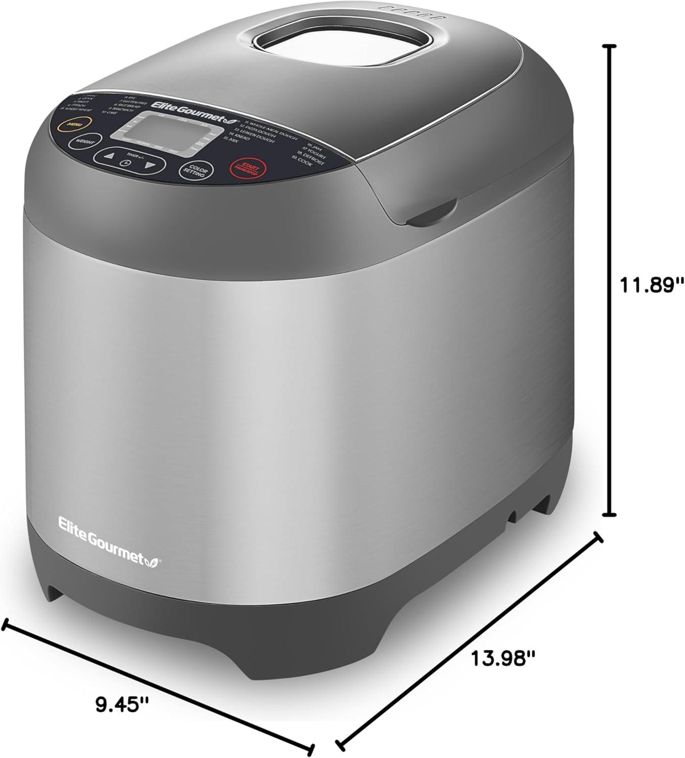image:imageElite Gourmet Programmable Bread Maker with PFASFree CERALAST Ceramic Pan 2 lb Loaf 19 Presets incl GlutenFree 3 Sizes Delay Timer Steel GrayStainless Steel