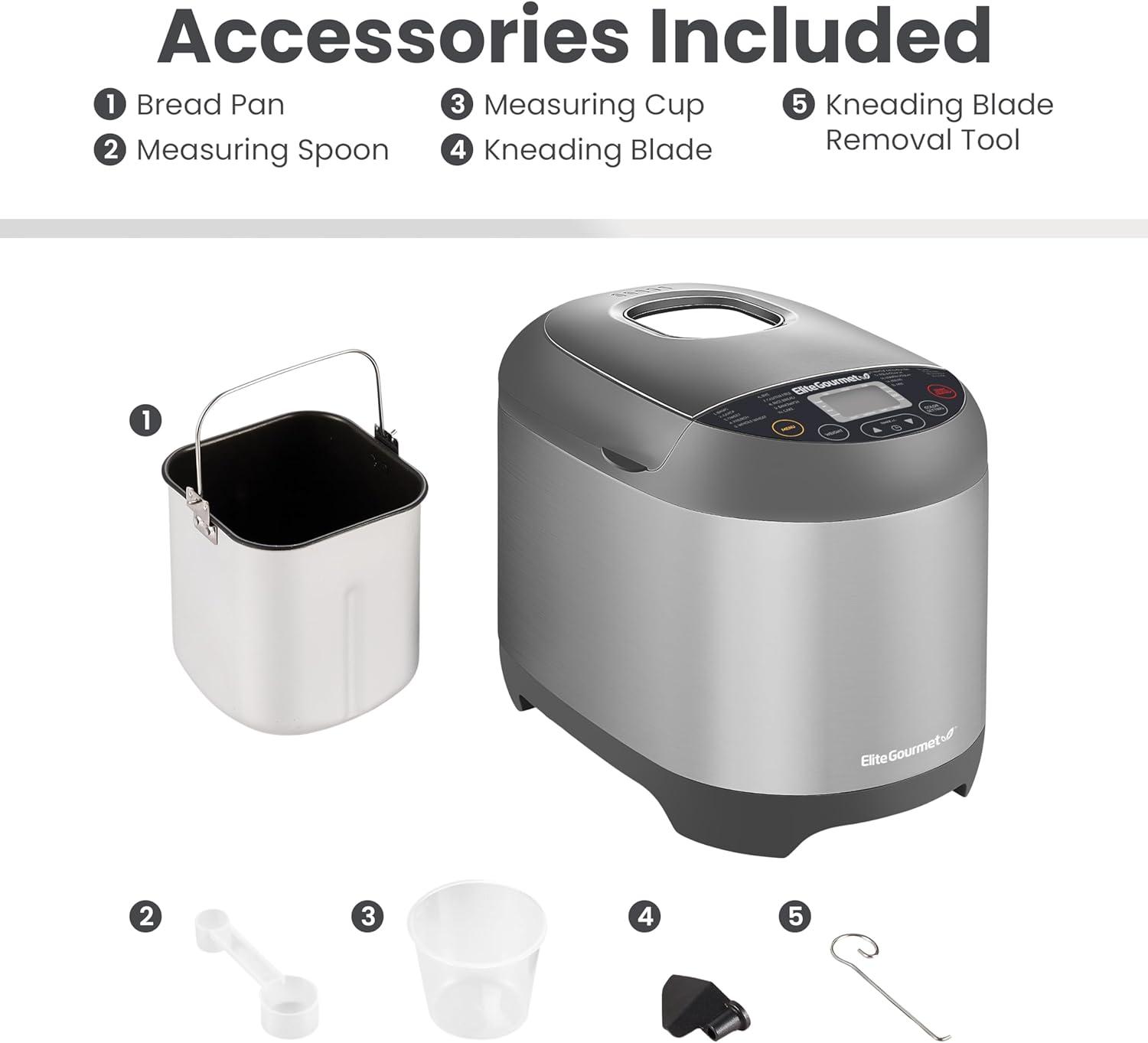image:imageElite Gourmet Programmable Bread Maker with PFASFree CERALAST Ceramic Pan 2 lb Loaf 19 Presets incl GlutenFree 3 Sizes Delay Timer Steel GrayStainless Steel