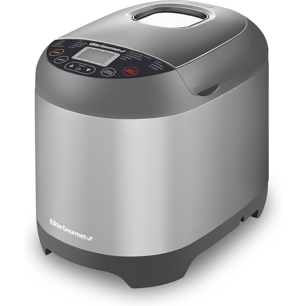 image:imageElite Gourmet Programmable Bread Maker with PFASFree CERALAST Ceramic Pan 2 lb Loaf 19 Presets incl GlutenFree 3 Sizes Delay Timer Steel GrayStainless Steel