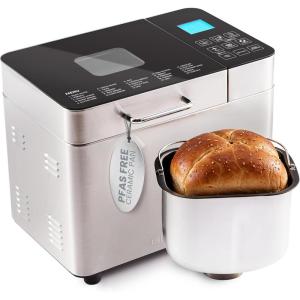 Elite Gourmet Programmable 2-Lb Bread Maker, PFAS Free Ceramic Ceralast™ Pan, Touch Screen Control Panel, 19 Functions, Gluten Free, White, Wheat, Rye & More, 3 Loaf Sizes, Stainless Steel(Stainless Steel)