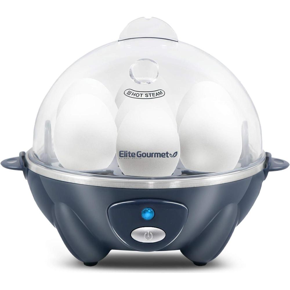 image:imageElite Gourmet EGC700P Rapid Egg Cooker 7 EasyToPeel Hard Medium Soft Boiled Eggs Poacher Omelet Maker Auto ShutOff Alarm 16Recipe Booklet BPAFree EggplantSteel Blue