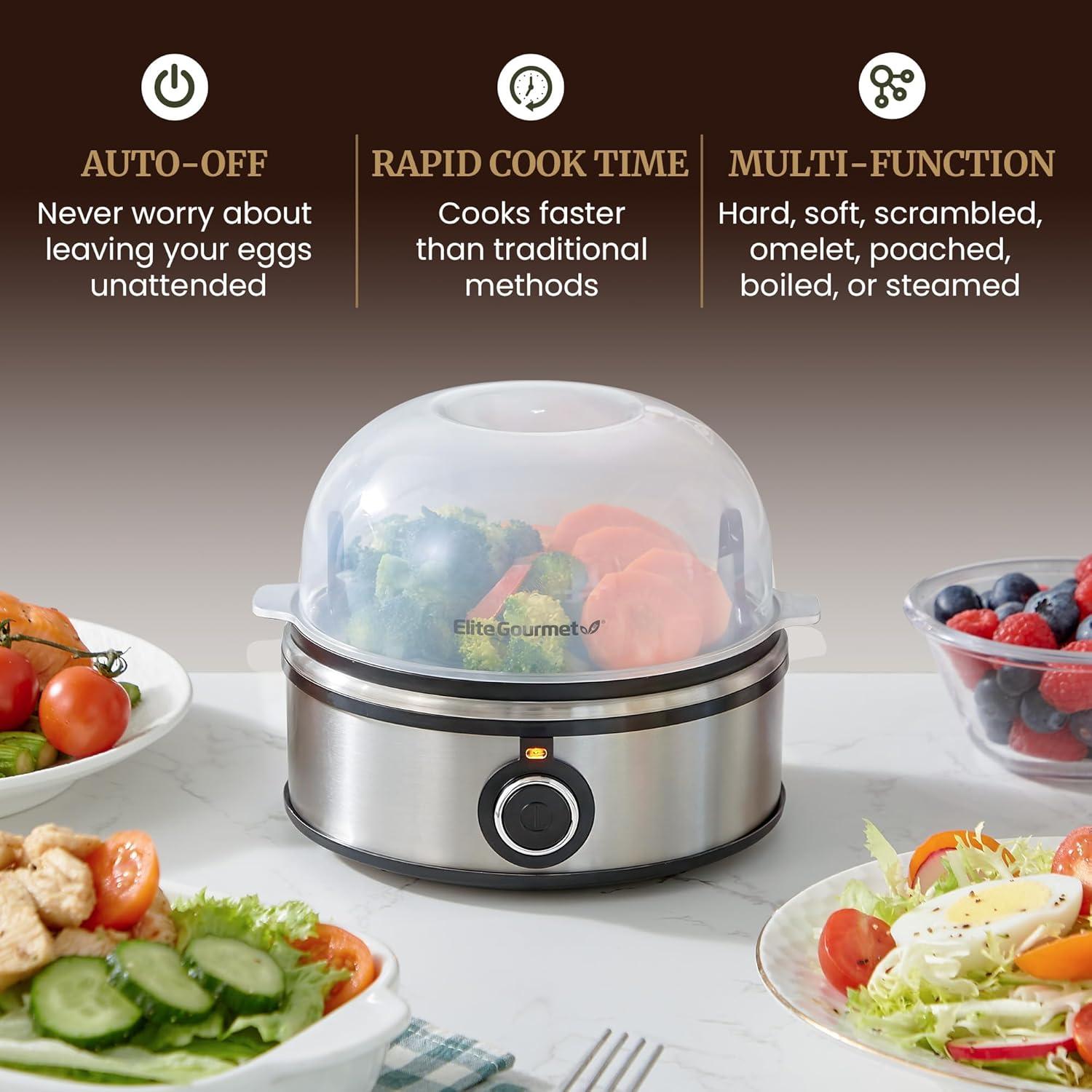 image:imageElite Gourmet EGC007B Rapid Egg Cooker 7 EasyToPeel Hard Medium Soft Boiled Eggs Poacher Omelet Maker Auto ShutOff Alarm 16Recipe Booklet BlackStainless Steel