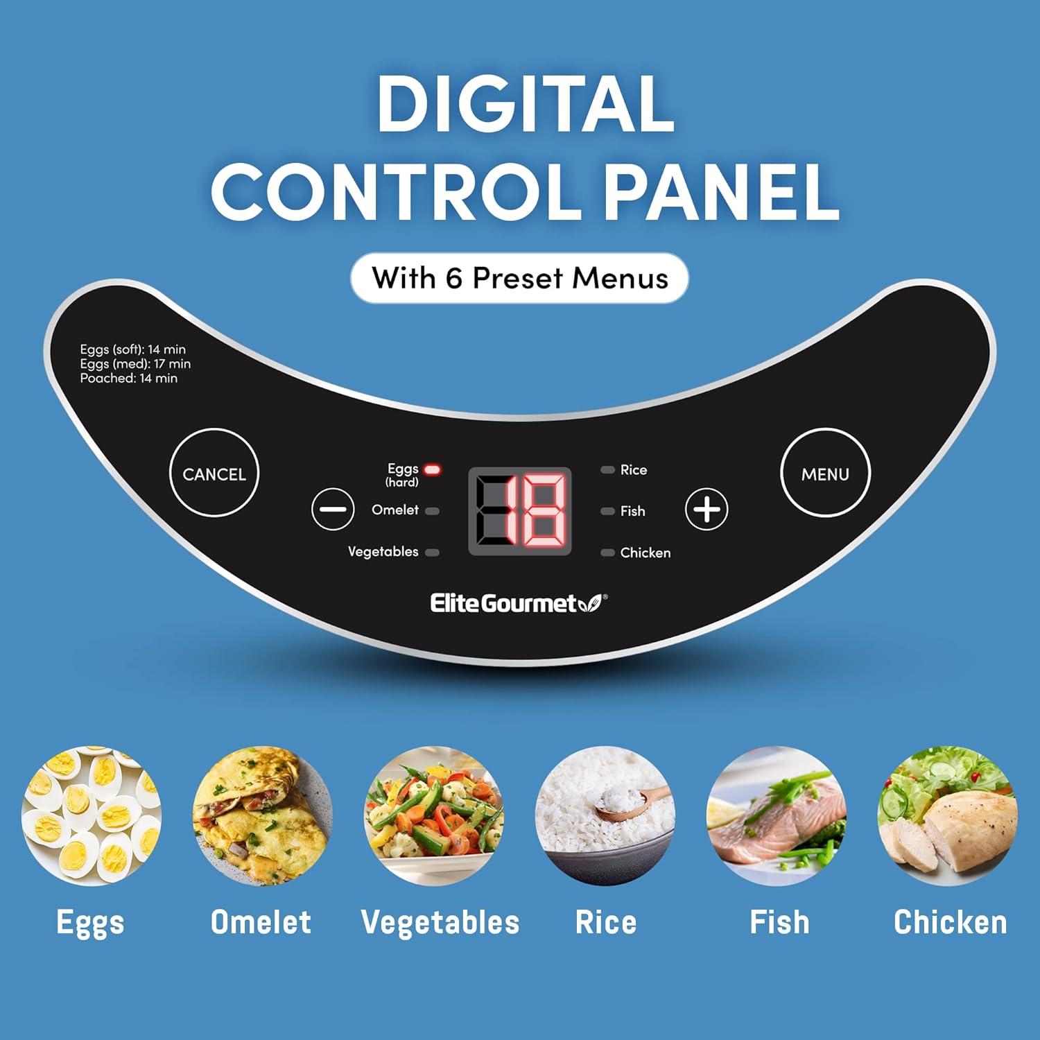 image:imageElite Gourmet EGC314CB Digital Easy Egg Cooker Food Steamer Poacher Omelet Soft Medium HardBoiled Egg with 6 Programmed Preset Functions 2Tiers Measuring Cup 14 egg capacity BlackCharcoal