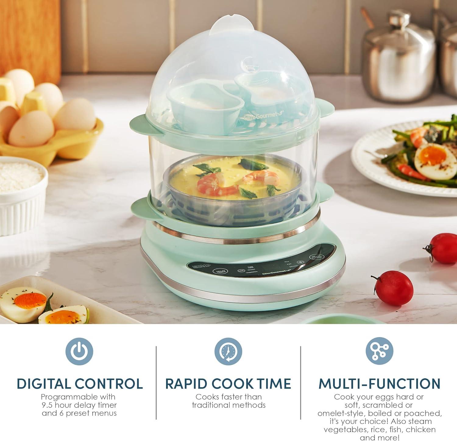 image:imageElite Gourmet EGC314CB Digital Easy Egg Cooker Food Steamer Poacher Omelet Soft Medium HardBoiled Egg with 6 Programmed Preset Functions 2Tiers Measuring Cup 14 egg capacity BlackMint