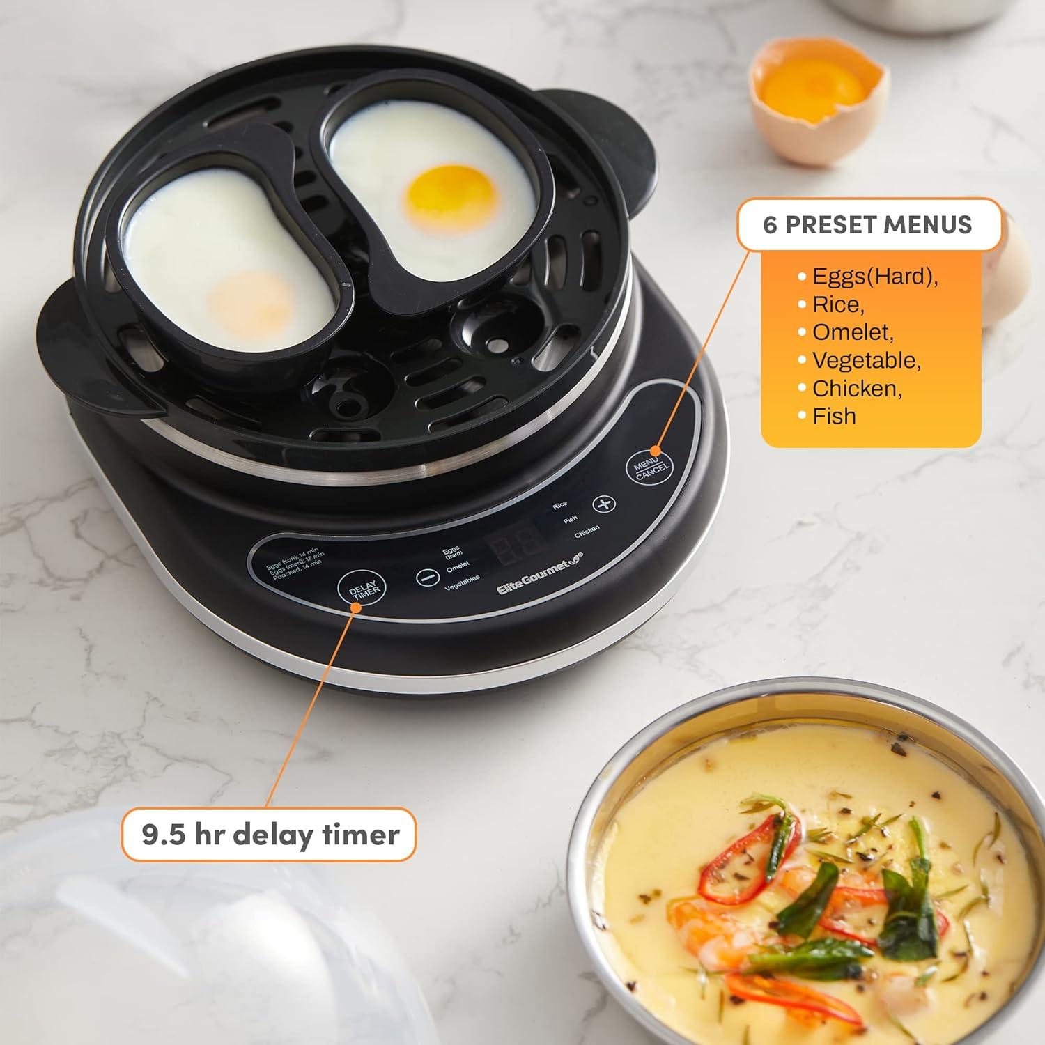 image:imageElite Gourmet EGC314CB Digital Easy Egg Cooker Food Steamer Poacher Omelet Soft Medium HardBoiled Egg with 6 Programmed Preset Functions 2Tiers Measuring Cup 14 egg capacity BlackBlack