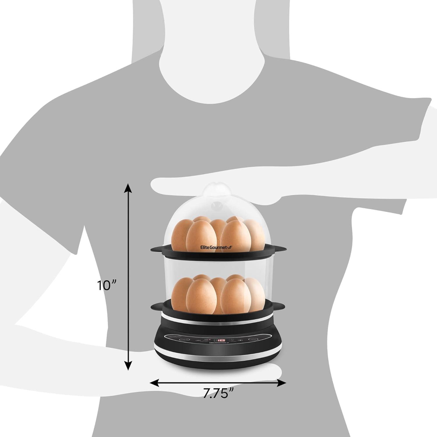 image:imageElite Gourmet EGC314CB Digital Easy Egg Cooker Food Steamer Poacher Omelet Soft Medium HardBoiled Egg with 6 Programmed Preset Functions 2Tiers Measuring Cup 14 egg capacity BlackCharcoal