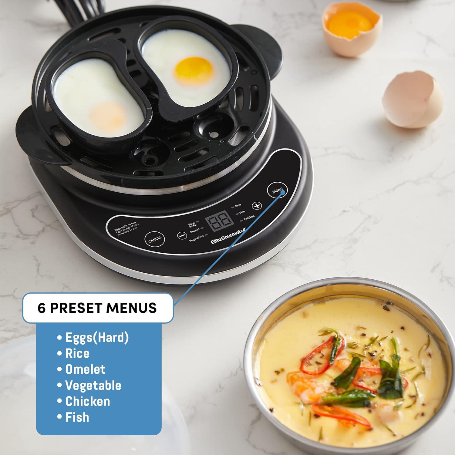 image:imageElite Gourmet EGC314CB Digital Easy Egg Cooker Food Steamer Poacher Omelet Soft Medium HardBoiled Egg with 6 Programmed Preset Functions 2Tiers Measuring Cup 14 egg capacity BlackCharcoal