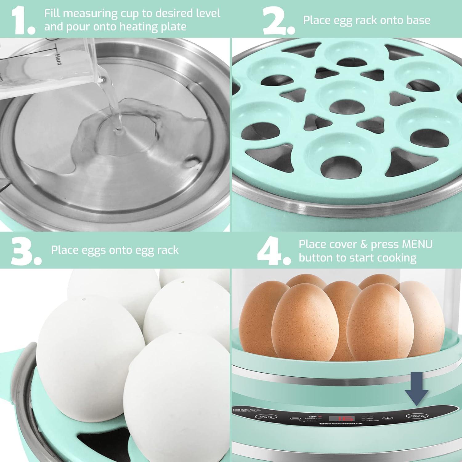 image:imageElite Gourmet EGC314CB Digital Easy Egg Cooker Food Steamer Poacher Omelet Soft Medium HardBoiled Egg with 6 Programmed Preset Functions 2Tiers Measuring Cup 14 egg capacity BlackMint