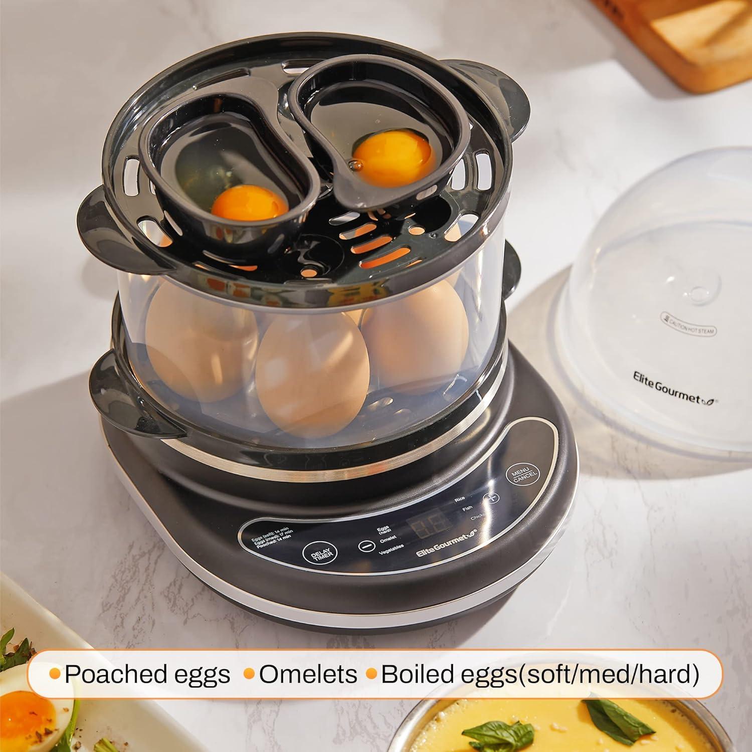 image:imageElite Gourmet EGC314CB Digital Easy Egg Cooker Food Steamer Poacher Omelet Soft Medium HardBoiled Egg with 6 Programmed Preset Functions 2Tiers Measuring Cup 14 egg capacity BlackBlack
