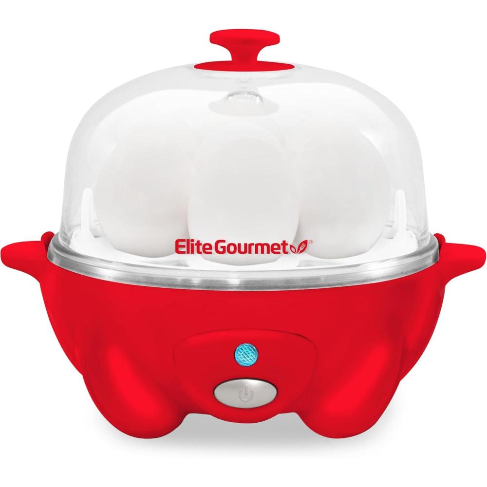 image:imageElite Gourmet EGC007B Rapid Egg Cooker 7 EasyToPeel Hard Medium Soft Boiled Eggs Poacher Omelet Maker Auto ShutOff Alarm 16Recipe Booklet BlackRed
