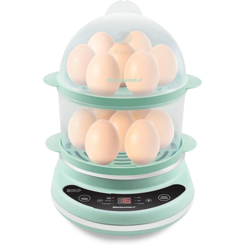 image:imageElite Gourmet EGC314CB Digital Easy Egg Cooker Food Steamer Poacher Omelet Soft Medium HardBoiled Egg with 6 Programmed Preset Functions 2Tiers Measuring Cup 14 egg capacity BlackMint