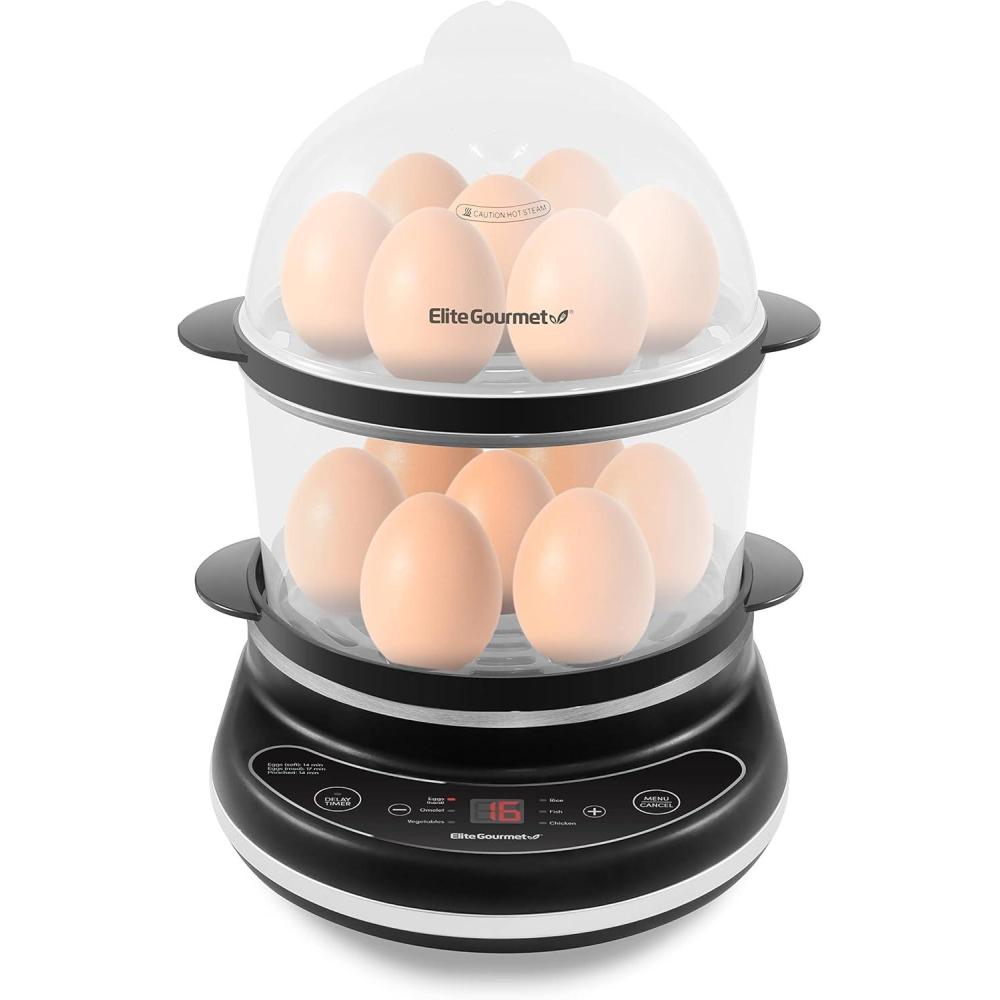 image:imageElite Gourmet EGC314CB Digital Easy Egg Cooker Food Steamer Poacher Omelet Soft Medium HardBoiled Egg with 6 Programmed Preset Functions 2Tiers Measuring Cup 14 egg capacity BlackBlack