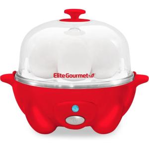 Elite Gourmet EGC-007B# Rapid Egg Cooker, 7 Easy-To-Peel, Hard, Medium, Soft Boiled Eggs, Poacher, Omelet Maker, Auto Shut-Off, Alarm, 16-Recipe Booklet, Black(Red)