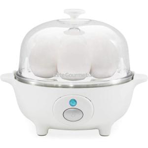 Elite Gourmet EGC-007B# Rapid Egg Cooker, 7 Easy-To-Peel, Hard, Medium, Soft Boiled Eggs, Poacher, Omelet Maker, Auto Shut-Off, Alarm, 16-Recipe Booklet, Black(White)