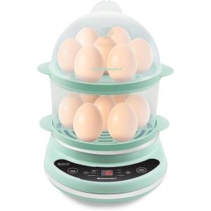Elite Gourmet EGC314CB Digital Easy Egg Cooker Food Steamer, Poacher, Omelet, Soft, Medium, Hard-Boiled Egg with 6 Programmed Preset Functions, 2-Tiers, Measuring Cup, 14 egg capacity, Black(Mint)