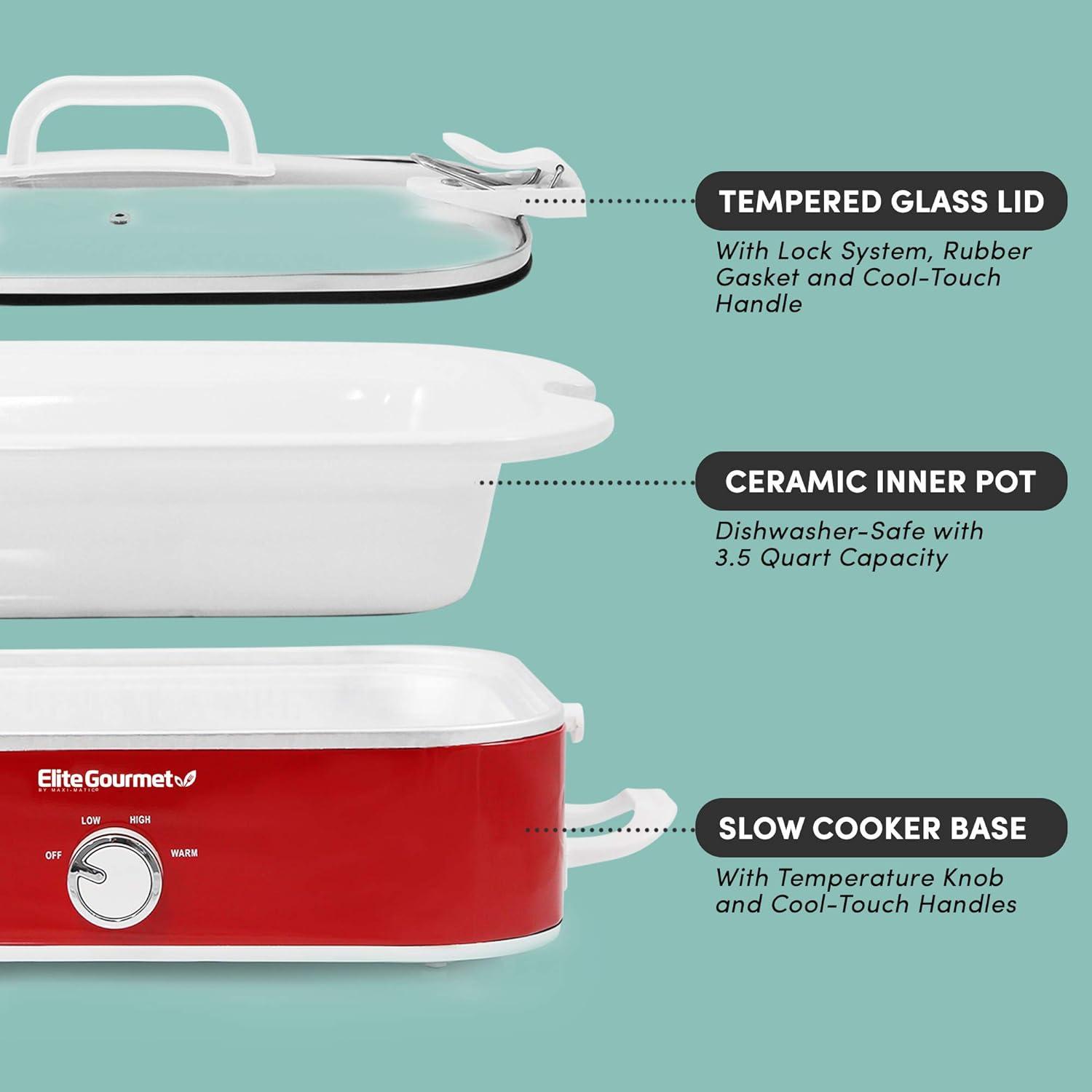 image:imageElite Gourmet MST5240 Casserole Crock Slow Cooker Locking Lid Adjustable Temperature Keep Warm Oven amp DishwasherSafe Casserole Pan 35Qt Capacity RedRed