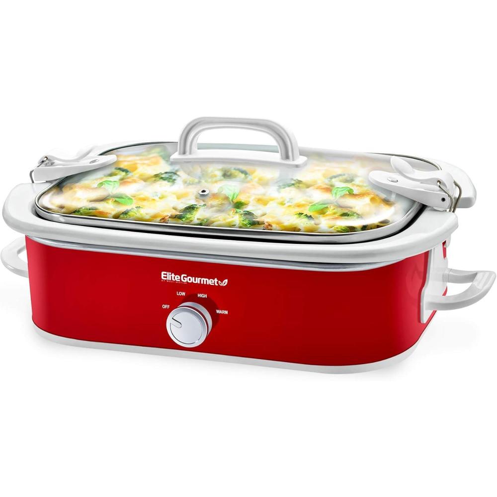 image:imageElite Gourmet MST5240 Casserole Crock Slow Cooker Locking Lid Adjustable Temperature Keep Warm Oven amp DishwasherSafe Casserole Pan 35Qt Capacity RedRed